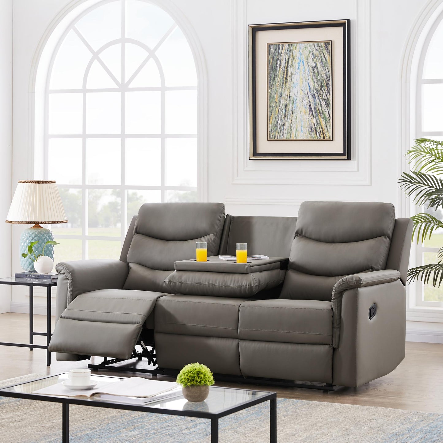 Manual Recliner Living Room Set Grey PU （This product is an oversized item / LTL